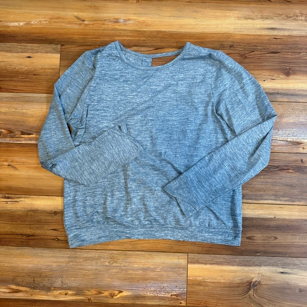 Heather Blue Long Sleeve Open Back Yoga Top with Thumb Holes